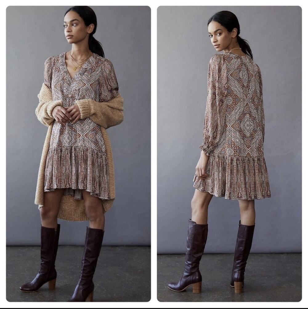 Anthropologie Sabia Flounced Drop Waist Tunic Dress V Neck Pockets Sz XSmallP